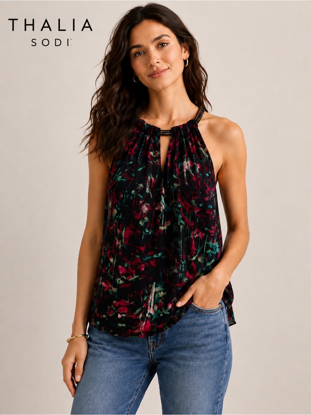 Thalia Sodi Floral Halter Top Size Medium Black Pink Keyhole Neck Sleeveless